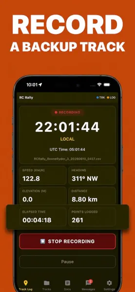 RC Sentinel track log screen recording a backup GPS track with local and UTC time, speed, heading, elevation, distance, elapsed time, and points logged