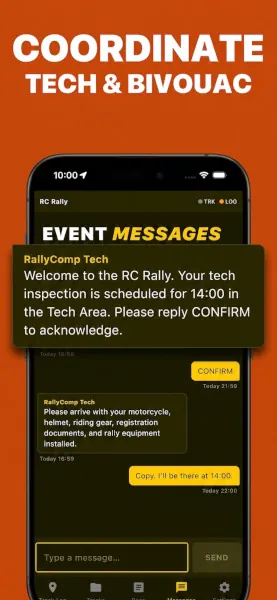RC Sentinel event messages screen coordinating tech inspection and bivouac logistics with the race organizer