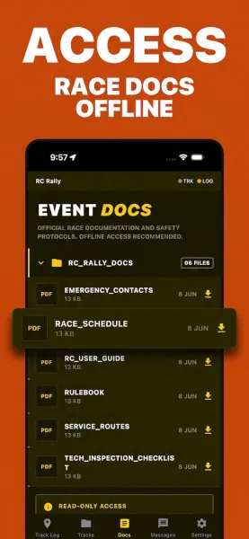 RC Sentinel event docs screen with offline race documents: emergency contacts, race schedule, rulebook, service routes, and tech inspection checklist