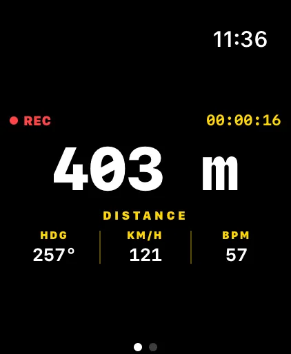 RC Sentinel Apple Watch live recording screen showing distance, heading, speed, and heart rate